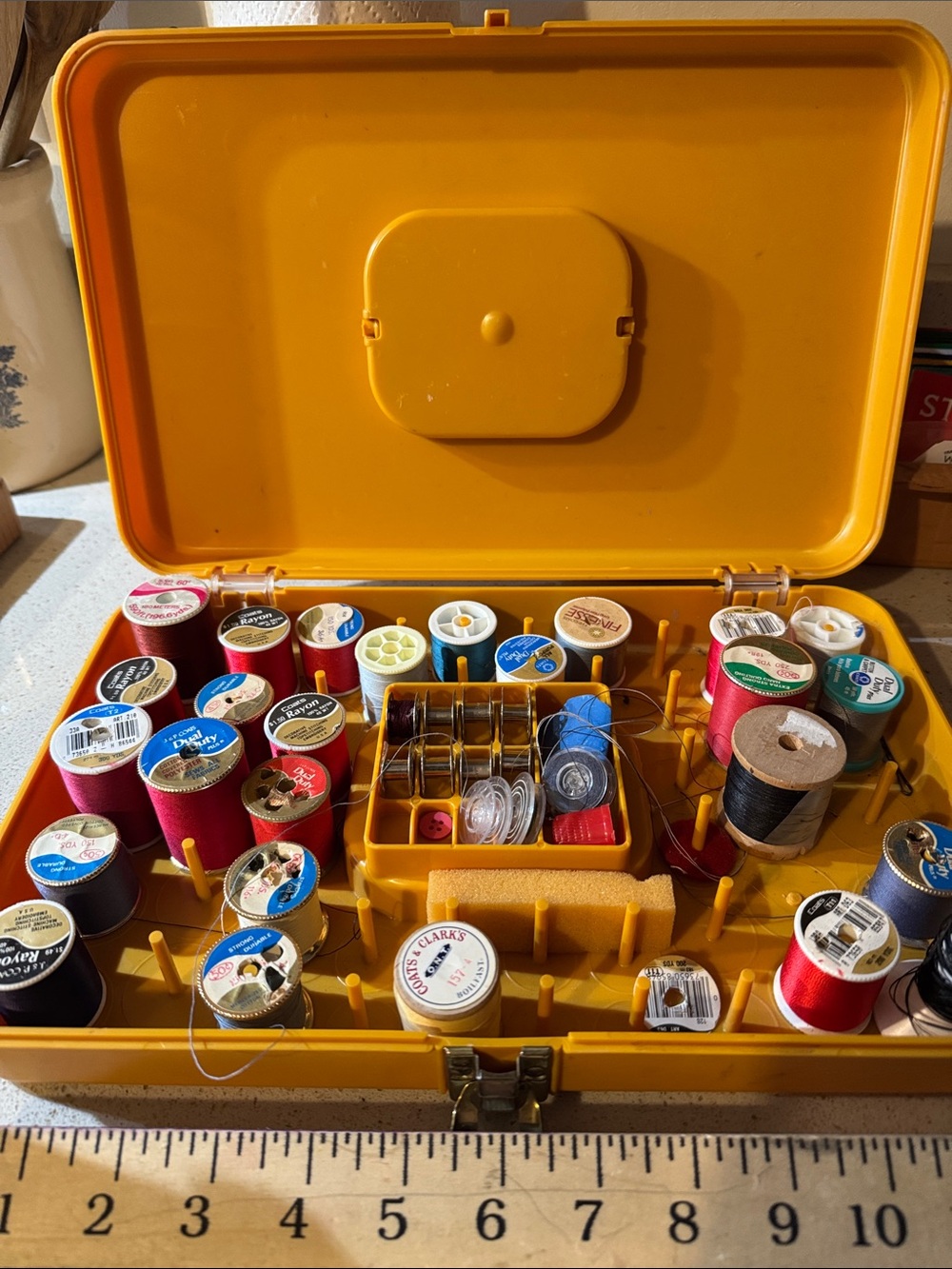 Vintage Yellow Sewing Thread Organizer Case with Assorted Threads
